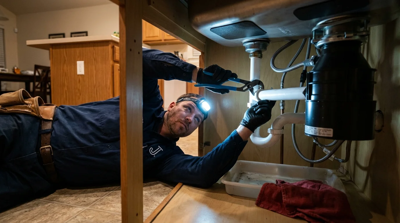 P-trap and supply line connections under a kitchen sink showing a common leak point in Pleasant Grove, UT